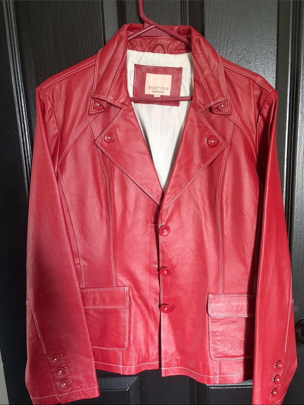 Red Leather Button-Front Blazer Jacket